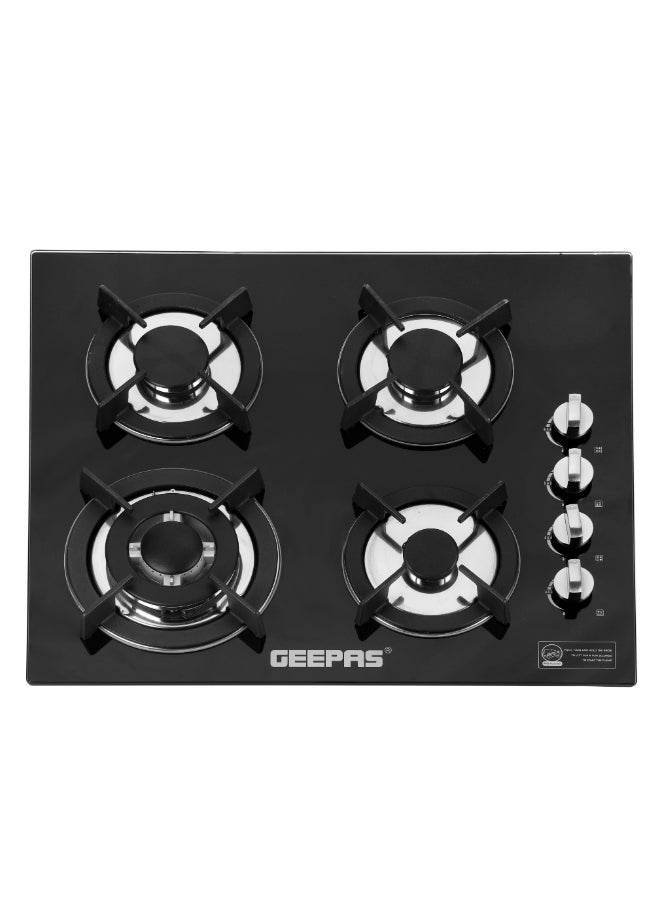 GEEPAS - Renewed - Built-In Glass Gas Hob Four Burner with FFD|  Heavy Cast Iron Pan Support |  Auto Impulse Ignition with BS Plug | 8mm Tempered Glass Pane l GGC31050FFD Black - Image 1