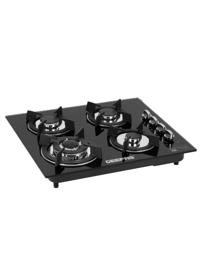 GEEPAS - Renewed - Built-In Glass Gas Hob Four Burner with FFD|  Heavy Cast Iron Pan Support |  Auto Impulse Ignition with BS Plug | 8mm Tempered Glass Pane l GGC31050FFD Black - Image 1