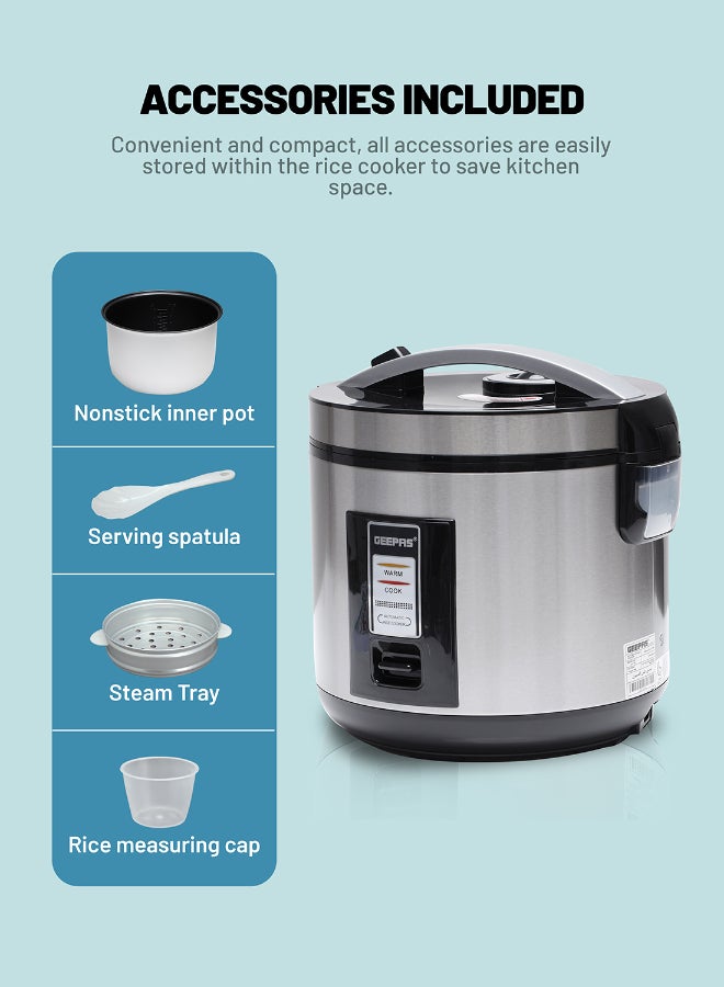 GEEPAS - Renewed - Rice Cooker 1.8 L Durable Construction| Removable Non-Stick Pot, Cool Touch Handle| Includes Cook, Warm Functions, Plastic Steamer| Perfect for Vegetables, Soups, Sauces Etc | 1.8 L 762 W GRC4330 Black/Silver - Image 1