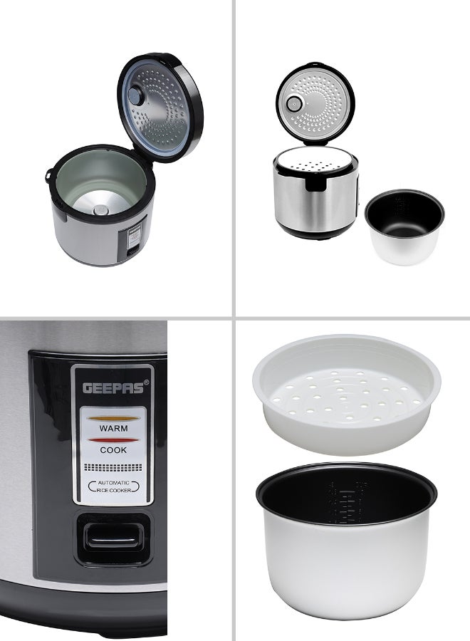 GEEPAS - Renewed - Rice Cooker 1.8 L Durable Construction| Removable Non-Stick Pot, Cool Touch Handle| Includes Cook, Warm Functions, Plastic Steamer| Perfect for Vegetables, Soups, Sauces Etc | 1.8 L 762 W GRC4330 Black/Silver - Image 1