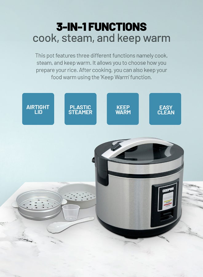 GEEPAS - Renewed - Rice Cooker 1.8 L Durable Construction| Removable Non-Stick Pot, Cool Touch Handle| Includes Cook, Warm Functions, Plastic Steamer| Perfect for Vegetables, Soups, Sauces Etc | 1.8 L 762 W GRC4330 Black/Silver - Image 1