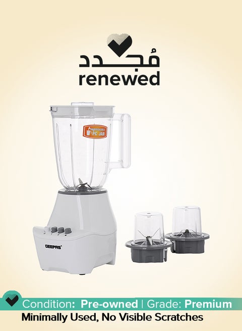 Renewed - 3 In 1 Blender With Unbreakable PC Jars, Stainless Steel Blade, 2 Grinder Attachments, 400W Powerful Motor with 2 Speed Setting and Pulse 400 W GSB6104N White/Clear