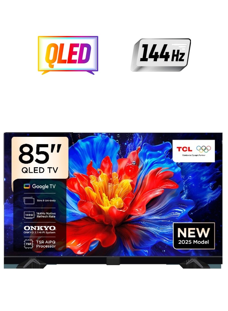 TCL 85 Inch Smart TV 4K QLED Colorful Quantum Crystal HDR 10+ Gaming Google TV, 144Hz Native Refresh Rate, ONKYO 2.1 Hi-Fi, Dolby Atmos, DTS Virtual X, MEMC, Game Master (2025 Model), 2 Year Warranty - 85P8k Black - Image 1