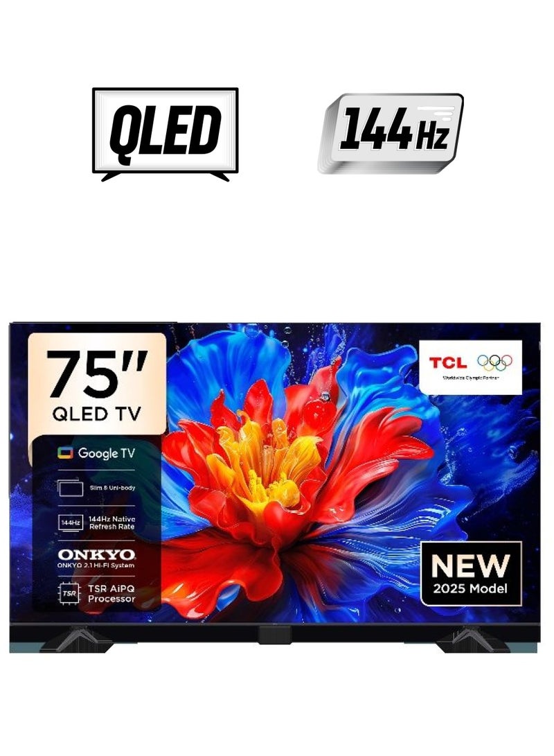 TCL 75 Inch Smart TV 4K QLED Colorful Quantum Crystal HDR 10+ Gaming Google TV, 144Hz Native Refresh Rate, ONKYO 2.1 Hi-Fi, Dolby Atmos, DTS Virtual X, MEMC, Game Master (2025 Model) - 75P8k Black - Image 1