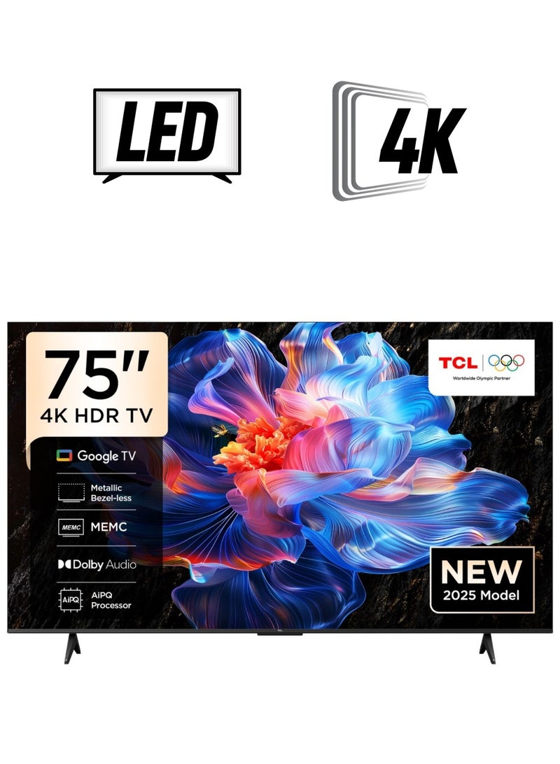 TCL 75 Inch 4K HDR TV, Google TV, Dolby audio, 60Hz, AiPQ Processor, MEMC, Metallic Bezel-Less, Model Year 2025, 2 Year Warranty - 75P6k Black - Image 1