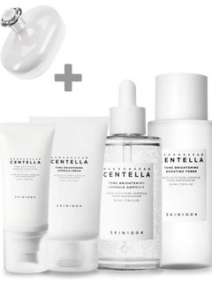 skin1004 Madagascar Centella Tone Brightening Boosting Pack – Toner 210ml, Capsule Ampoule 100ml, Capsule Cream 75ml & Sunscreen 50ml Set – Complete Hydrating & Brightening Skincare Routine And Face Scrubber 435ml  - Image 1