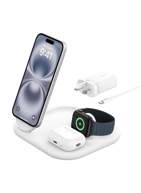 MagSafe Charger, Boost Charge 3-in-1 Magnetic Foldable Charger With Qi2 15W - MagSafe-Compatible Fast Charger For iPhone 16, 15, Apple Watch, AirPods With Non-Slip Base, PSU Included - White