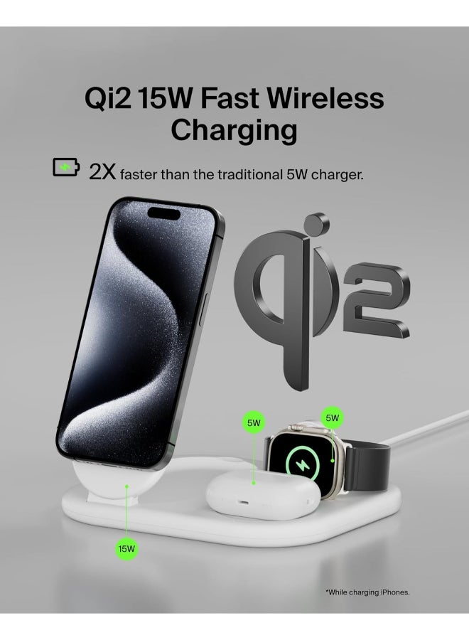 MagSafe Charger, Boost Charge 3-in-1 Magnetic Foldable Charger With Qi2 15W - MagSafe-Compatible Fast Charger For iPhone 16, 15, Apple Watch, AirPods With Non-Slip Base, PSU Included - White