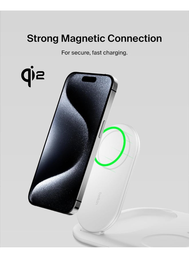 MagSafe Charger, Boost Charge 3-in-1 Magnetic Foldable Charger With Qi2 15W - MagSafe-Compatible Fast Charger For iPhone 16, 15, Apple Watch, AirPods With Non-Slip Base, PSU Included - White
