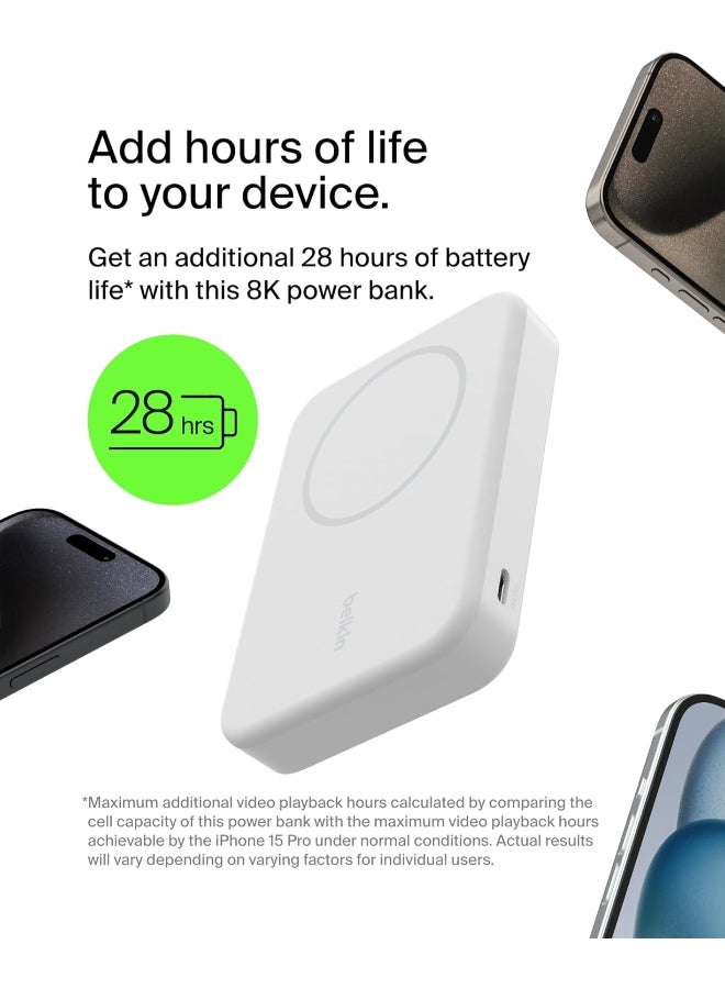BoostCharge Pro Wireless Power Bank 8000mAh with Qi2, MagSafe Compatible Portable Charger + Built-in Pop-up Kickstand - For iPhone 16, 16 Plus, 16 Pro, 16 Pro Max, iPhone 15, and More - White