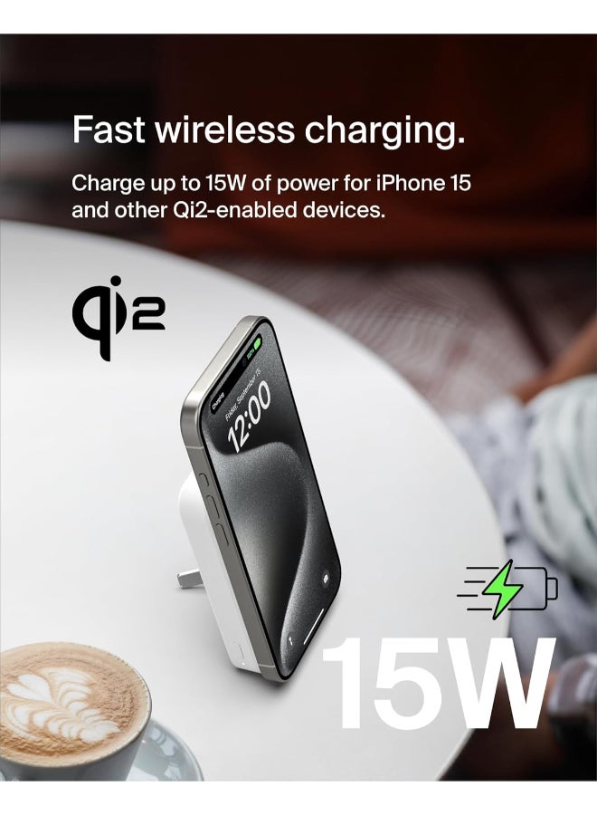 BoostCharge Pro Wireless Power Bank 8000mAh with Qi2, MagSafe Compatible Portable Charger + Built-in Pop-up Kickstand - For iPhone 16, 16 Plus, 16 Pro, 16 Pro Max, iPhone 15, and More - White