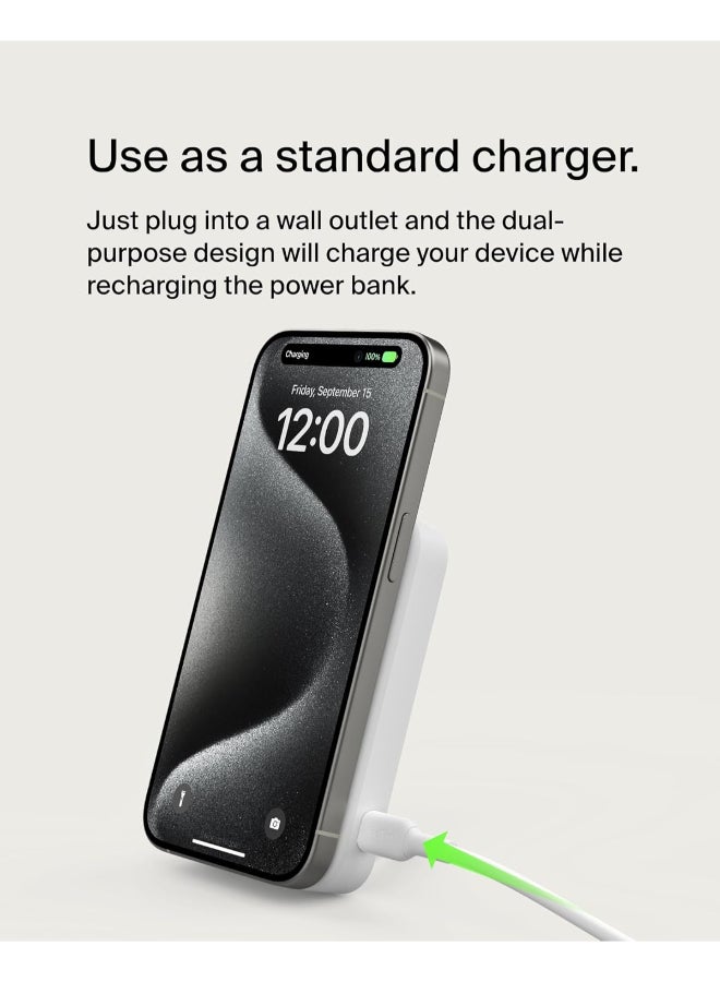 BoostCharge Pro Wireless Power Bank 8000mAh with Qi2, MagSafe Compatible Portable Charger + Built-in Pop-up Kickstand - For iPhone 16, 16 Plus, 16 Pro, 16 Pro Max, iPhone 15, and More - White