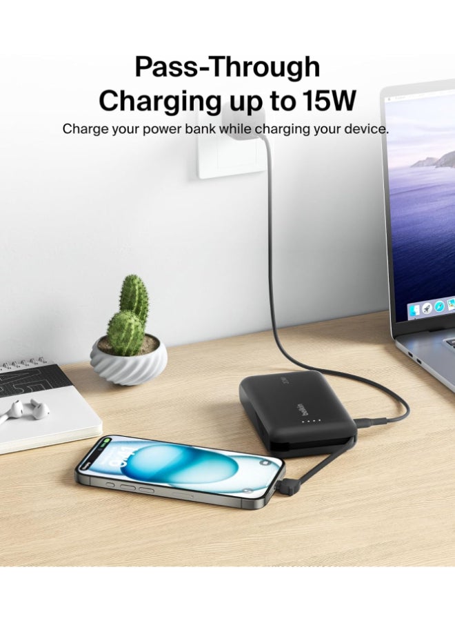 10000 mAh BoostCharge Power Bank, Portable Power Bank with Integrated Cable 10K PD 20W - Fast Charge USB-C Power Delivery, iPhone Power Bank Fast Charging for iPhone 16/15 Series, iPad Pro, Galaxy S24, More - Matte Black