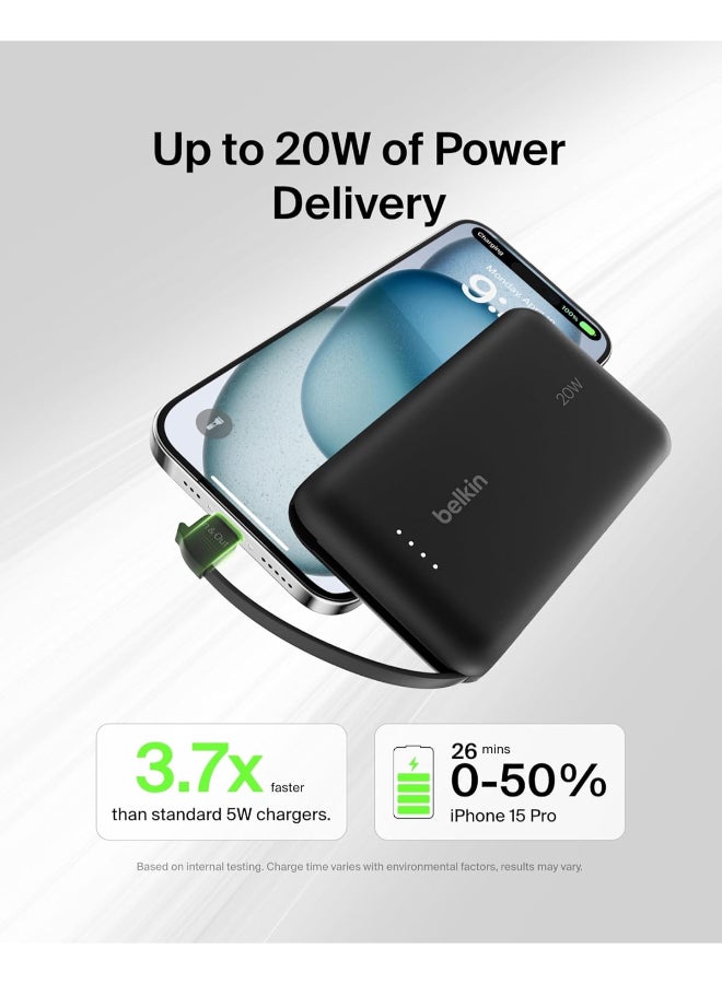 belkin 10000 mAh BoostCharge Power Bank, Portable Power Bank with Integrated Cable 10K PD 20W - Fast Charge USB-C Power Delivery, iPhone Power Bank Fast Charging for iPhone 16/15 Series, iPad Pro, Galaxy S24, More - Matte Black - Image 2