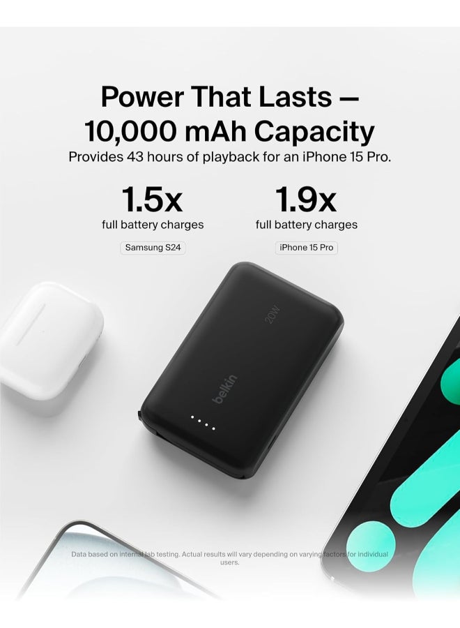 belkin 10000 mAh BoostCharge Power Bank, Portable Power Bank with Integrated Cable 10K PD 20W - Fast Charge USB-C Power Delivery, iPhone Power Bank Fast Charging for iPhone 16/15 Series, iPad Pro, Galaxy S24, More - Matte Black - Image 4