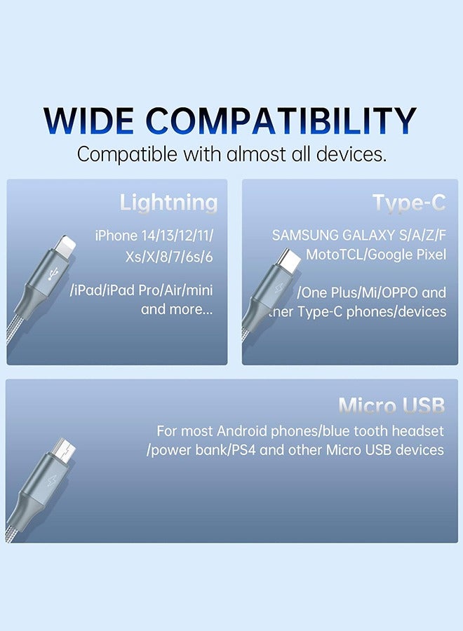 روموس CB25A Fast Charging Data Cable/Cord 3-in1 USB-A to Micro & Lightning & Type-C, Nylon Braided Wire, Compatible for iPhone/Android Grey  - Image 2