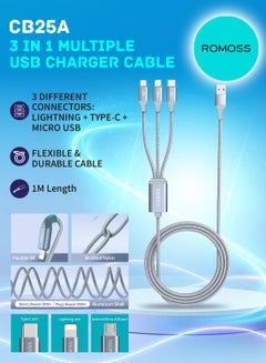 ROMOSS CB25A Fast Charging Data Cable/Cord 3-in1 USB-A to Micro & Lightning & Type-C, Nylon Braided Wire, Compatible for iPhone/Android Grey  - Image 1