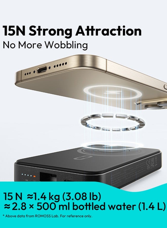 ROMOSS - 10000 mAh WMO10 Magnetic Power Bank, 15W Wireless Portable Charger, Magsafe Battery Pack PD 20W Wired Charging, Magsafe Charger For iPhone 12-16 Series, Samsung, Xiaomi Black - Image 1