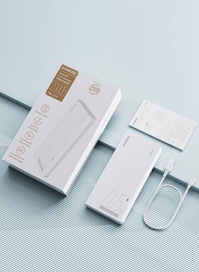 ROMOSS - 20000 mAh Sense 6F Mobile Power Bank,  Large Capacity, USB C 22.5W Wired PD Fast Charging, 3-Port Portable Charger Fast Charging Battery Pack, Suitable for iPhone 12-16 Android, etc. White - Image 1