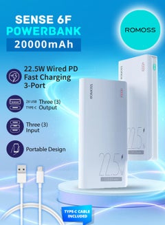 ROMOSS 20000 mAh Sense 6F Mobile Power Bank,  Large Capacity, USB C 22.5W Wired PD Fast Charging, 3-Port Portable Charger Fast Charging Battery Pack, Suitable for iPhone 12-16 Android, etc. White  - Image 1