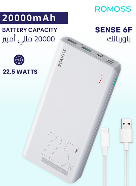 20000 mAh Sense 6F Mobile Power Bank,  Large Capacity, USB C 22.5W Wired PD Fast Charging, 3-Port Portable Charger Fast Charging Battery Pack, Suitable for iPhone 12-16 Android, etc. White