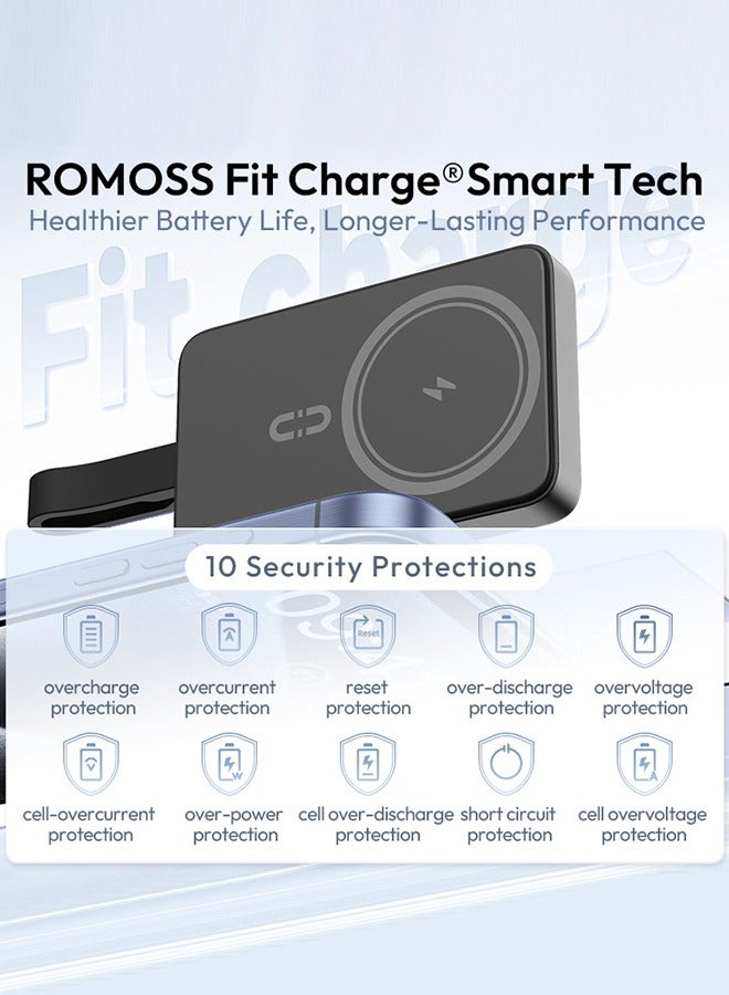 ROMOSS - 10000 mAh WMS10 Magnetic Power Bank , Wireless Portable Charger 15W Fast Charging, Magsafe Battery Pack PD 20W Wired Charging, Magsafe Charger for iPhone 12-16 Series, Samsung, Xiaomi Black - Image 1