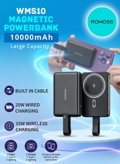 10000 mAh WMS10 Magnetic Power Bank , Wireless Portable Charger 15W Fast Charging, Magsafe Battery Pack PD 20W Wired Charging, Magsafe Charger for iPhone 12-16 Series, Samsung, Xiaomi Black