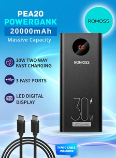 ROMOSS 20000 mAh PEA20 Mobile Power Bank, 3-Port Portable Charger with Fast Charging, Large Capacity Battery Pack, PD30W Two-Way Wired Fast Charging, Smart Digital Display, Suitable for iPhone 12-16, etc. Black  - Image 1