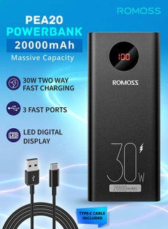 20000 mAh PEA20 Mobile Power Bank, 3-Port Portable Charger with Fast Charging, Large Capacity Battery Pack, PD30W Two-Way Wired Fast Charging, Smart Digital Display, Suitable for iPhone 12-16, etc. Black