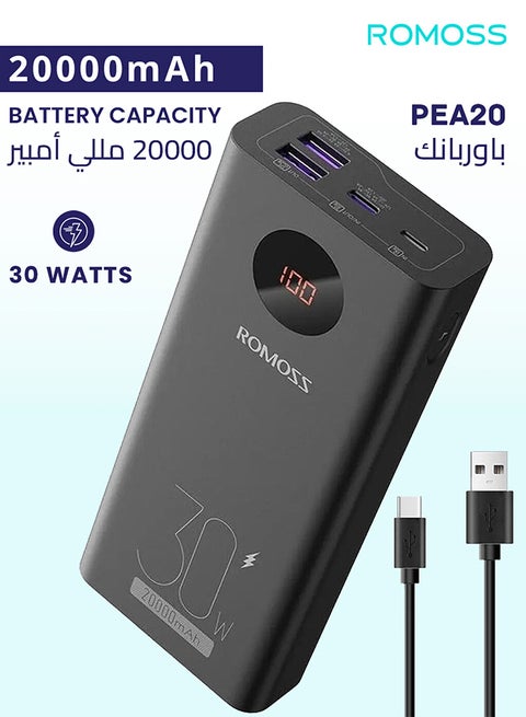 20000 mAh PEA20 Mobile Power Bank, 3-Port Portable Charger with Fast Charging, Large Capacity Battery Pack, PD30W Two-Way Wired Fast Charging, Smart Digital Display, Suitable for iPhone 12-16, etc. Black