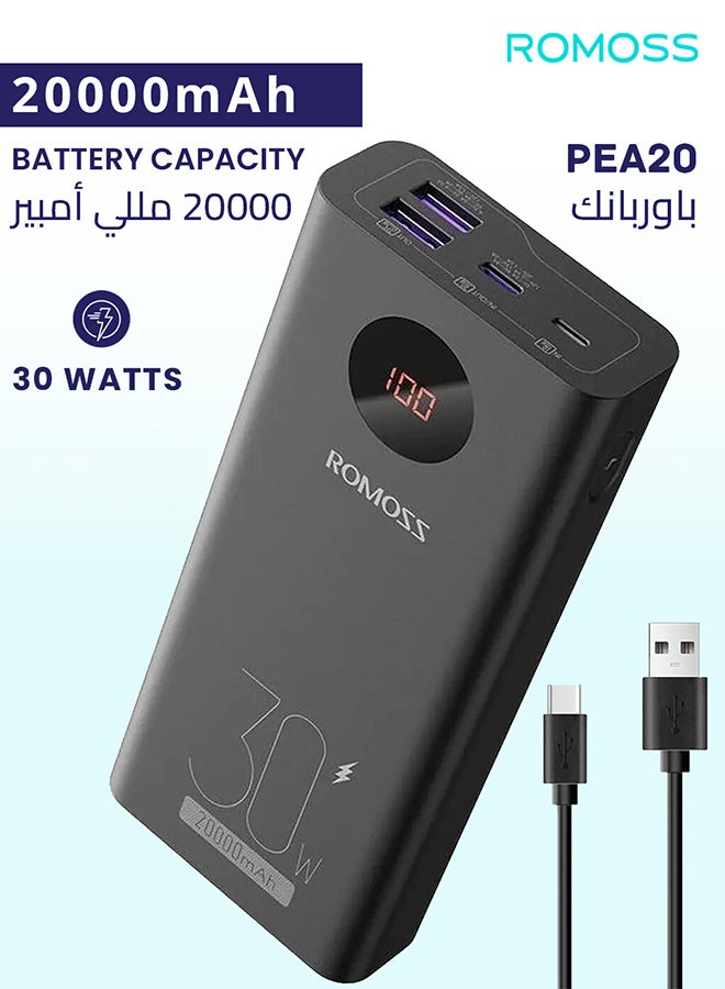 روموس - 20000 mAh PEA20 Mobile Power Bank, 3-Port Portable Charger with Fast Charging, Large Capacity Battery Pack, PD30W Two-Way Wired Fast Charging, Smart Digital Display, Suitable for iPhone 12-16, etc. Black - Image 1