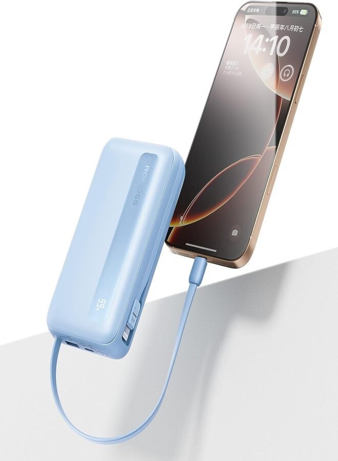روموس 10000 mAh PPR10 10000mAh Power Bank Large Capacity, UltraThin Compact Powerbank, Portable Charger, Fast Charging Battery Pack, PD22.5W Wired Fast Charging With LED Screen Display, Built-in 8 Inch Cable and 4 Outputs, Suitable For iPhone 12-16, Etc. Blue  - Image 2