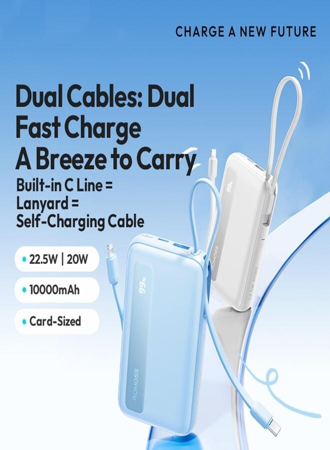 روموس 10000 mAh PPR10 10000mAh Power Bank Large Capacity, UltraThin Compact Powerbank, Portable Charger, Fast Charging Battery Pack, PD22.5W Wired Fast Charging With LED Screen Display, Built-in 8 Inch Cable and 4 Outputs, Suitable For iPhone 12-16, Etc. Blue  - Image 3