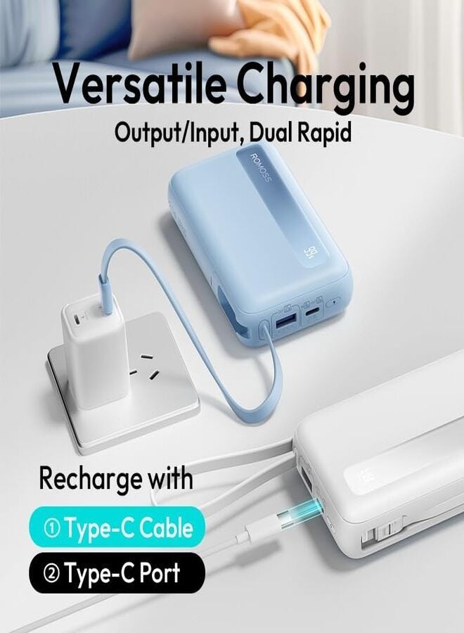روموس 10000 mAh PPR10 10000mAh Power Bank Large Capacity, UltraThin Compact Powerbank, Portable Charger, Fast Charging Battery Pack, PD22.5W Wired Fast Charging With LED Screen Display, Built-in 8 Inch Cable and 4 Outputs, Suitable For iPhone 12-16, Etc. Blue  - Image 5