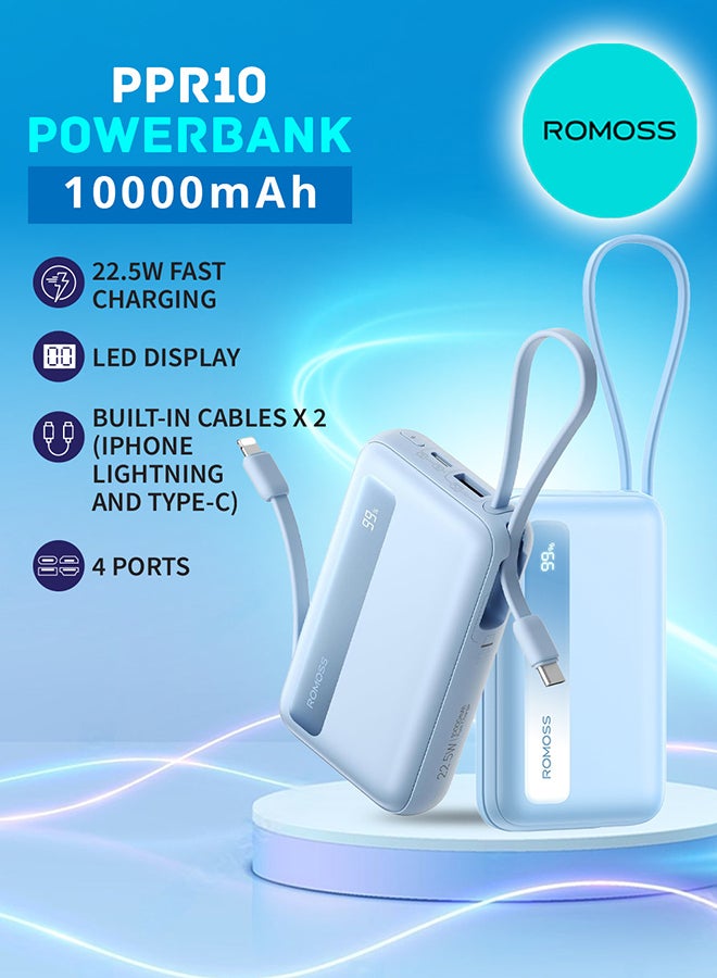 روموس 10000 mAh PPR10 10000mAh Power Bank Large Capacity, UltraThin Compact Powerbank, Portable Charger, Fast Charging Battery Pack, PD22.5W Wired Fast Charging With LED Screen Display, Built-in 8 Inch Cable and 4 Outputs, Suitable For iPhone 12-16, Etc. Blue  - Image 1