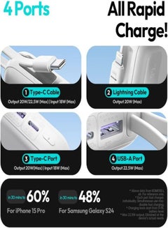 ROMOSS 10000 mAh PPR10 10000mAh Power Bank Large Capacity, Ultra Thin Compact Powerbank, Portable Charger, Fast Charging Battery Pack, PD22.5W Wired Fast Charging With LED Screen Display, Built-in 8 Inch Cable and 4 Outputs, Suitable For iPhone 12-16, Etc. White  - Image 4