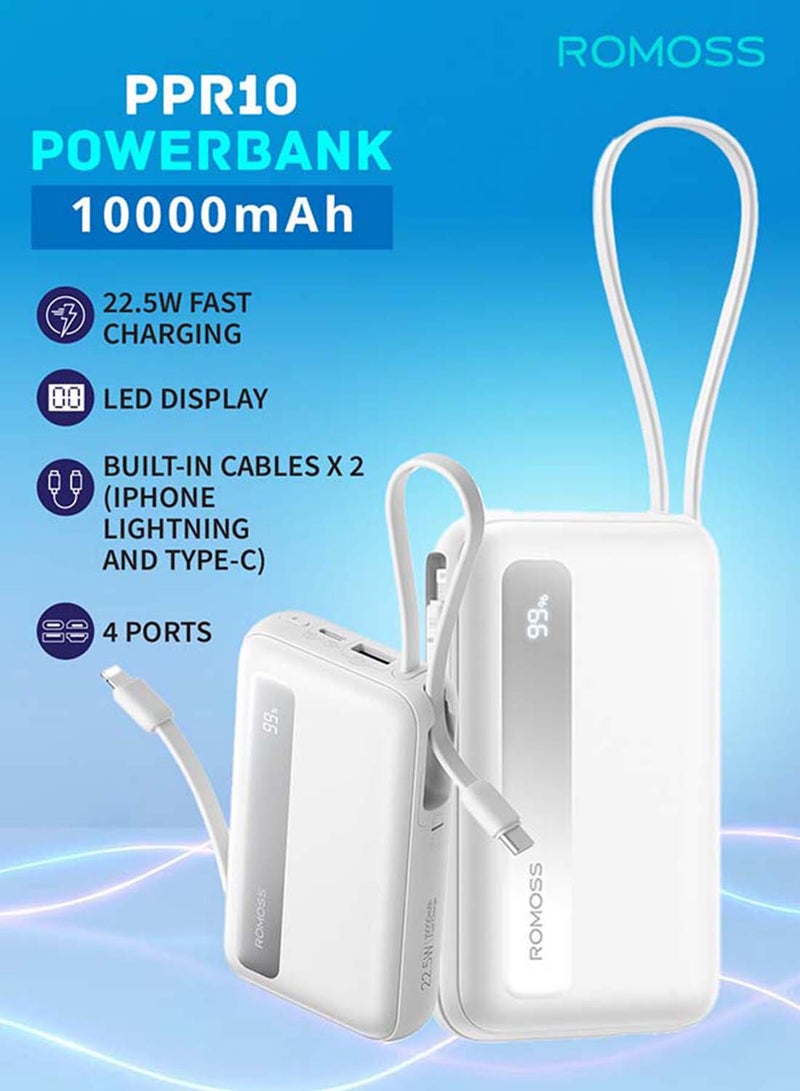 روموس - 10000 mAh PPR10 10000mAh Power Bank Large Capacity, Ultra Thin Compact Powerbank, Portable Charger, Fast Charging Battery Pack, PD22.5W Wired Fast Charging With LED Screen Display, Built-in 8 Inch Cable and 4 Outputs, Suitable For iPhone 12-16, Etc. White - Image 1