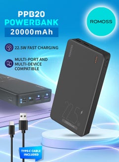 ROMOSS 20000 mAh PPB20 Mobile Power Bank, 22.5W Fast Charging Portable Charger with Built-In Type_C, USB C, USB-A 3-Port, Large Capacity Battery Pack, Suitable For iPhone 16/15/14/13 Series, Android Black  - Image 1