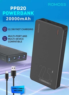 20000 mAh PPB20 Mobile Power Bank, 22.5W Fast Charging Portable Charger with Built-In Type_C, USB C, USB-A 3-Port, Large Capacity Battery Pack, Suitable For iPhone 16/15/14/13 Series, Android Black