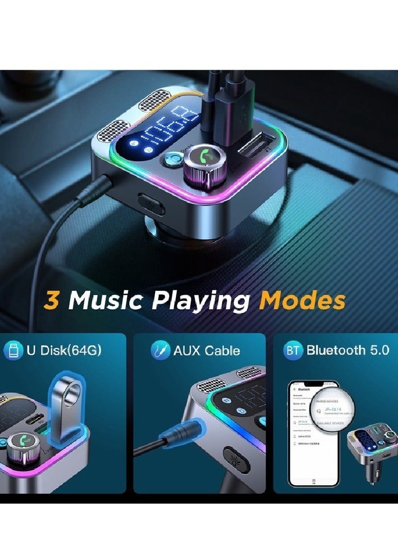 JOYROOM - Wireless FM Transmitter, Bluetooth 5.0 FM Transmitter Wireless Radio Adapter with Dual USB+PD+AUX Conenection Charging Car Charger MP3 Player Support TF Card & USB Flash Drive Silver - Image 1