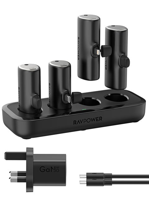 20000 mAh Family Charging Combo: 5000mAh 4-in-1 Portable Power Bank & Charging Station with Dual USB-C and Dual Lightning Ports for Fast, Simultaneous Charging of Multiple Devices BLACK