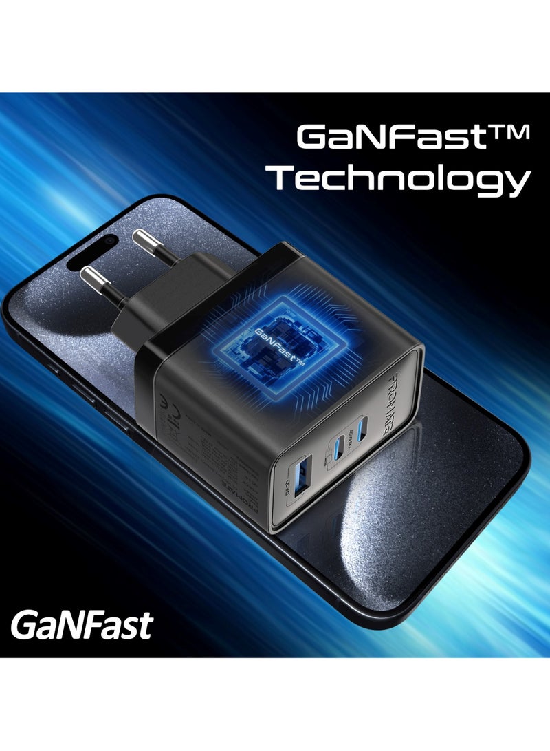 بروميت GaNFast Charging Adapter with Ultra-Fast Dual PD45W USB-C Ports, QC 22.5W USB-A Port, Multi-Protection System, Compact Travel-Friendly Build, EU Plug Compatibility - PowerPort-45 black - Image 3