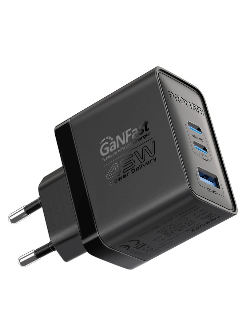 بروميت GaNFast Charging Adapter with Ultra-Fast Dual PD45W USB-C Ports, QC 22.5W USB-A Port, Multi-Protection System, Compact Travel-Friendly Build, EU Plug Compatibility - PowerPort-45 black - Image 1
