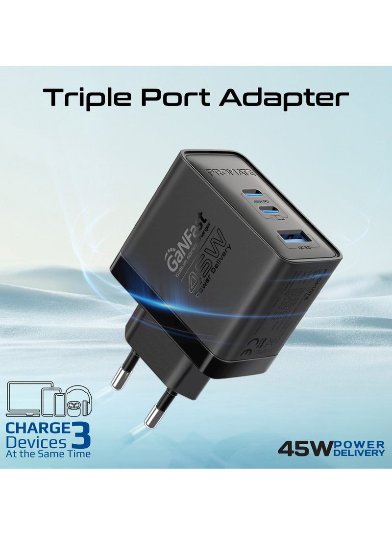 بروميت GaNFast Charging Adapter with Ultra-Fast Dual PD45W USB-C Ports, QC 22.5W USB-A Port, Multi-Protection System, Compact Travel-Friendly Build, EU Plug Compatibility - PowerPort-45 black - Image 2