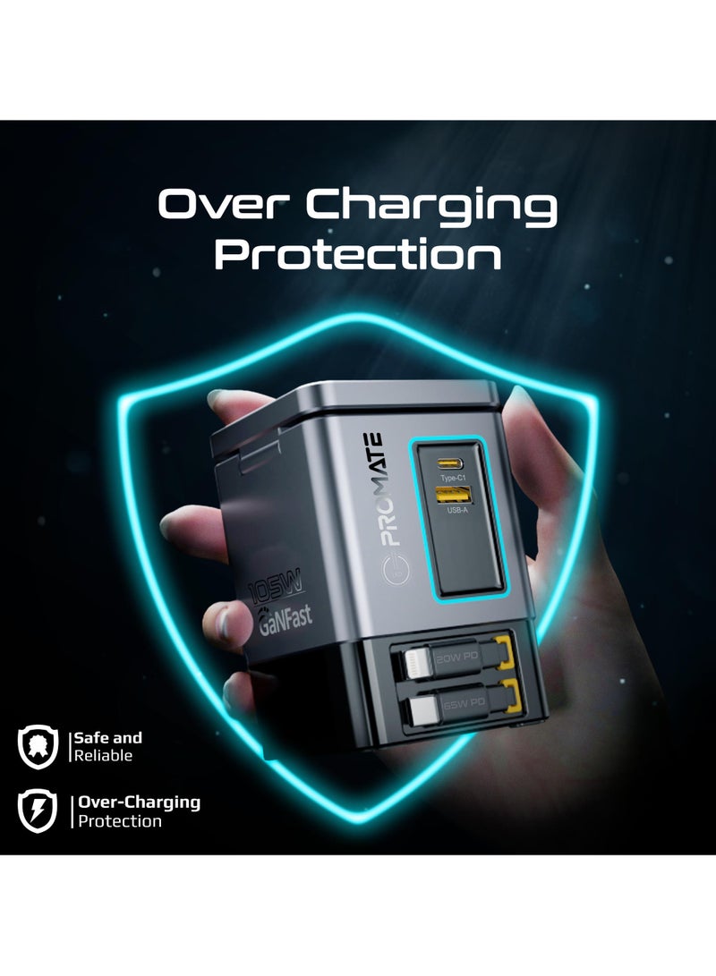 6-in-1 GaNFast Charging Station With 105W Total Output, 15W MagSafe Wireless Charger, PD65W Retractable Type-C Cable, PD20W Retractable Lightning Cable,  PD18W USB-A Port, PowerSync-105 EU grey