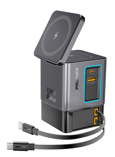 6-in-1 GaNFast Charging Station With 105W Total Output, 15W MagSafe Wireless Charger, PD65W Retractable Type-C Cable, PD20W Retractable Lightning Cable,  PD18W USB-A Port, PowerSync-105 EU grey