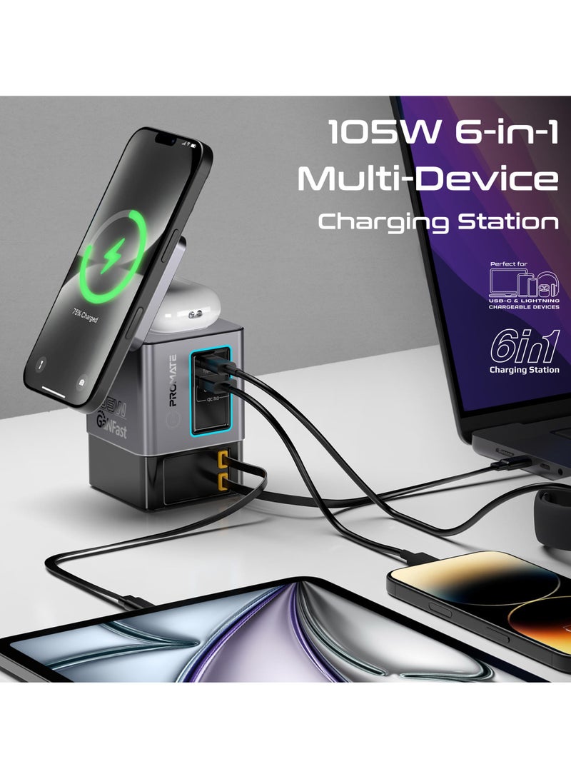 6-in-1 GaNFast Charging Station With 105W Total Output, 15W MagSafe Wireless Charger, PD65W Retractable Type-C Cable, PD20W Retractable Lightning Cable,  PD18W USB-A Port, PowerSync-105 EU grey