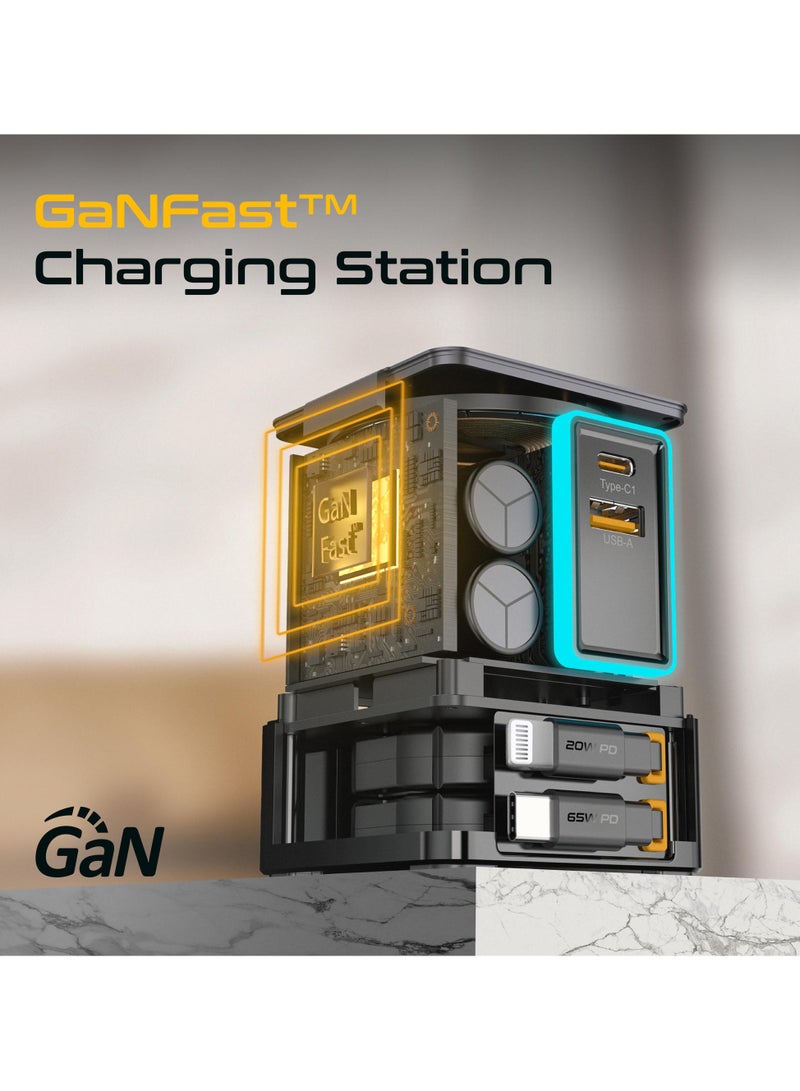 6-in-1 GaNFast Charging Station With 105W Total Output, 15W MagSafe Wireless Charger, PD65W Retractable Type-C Cable, PD20W Retractable Lightning Cable,  PD18W USB-A Port, PowerSync-105 EU grey