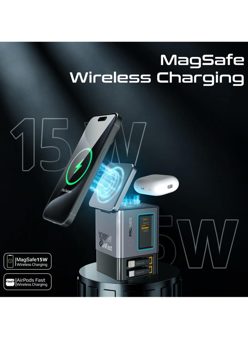 6-in-1 GaNFast Charging Station With 105W Total Output, 15W MagSafe Wireless Charger, PD65W Retractable Type-C Cable, PD20W Retractable Lightning Cable,  PD18W USB-A Port, PowerSync-105 EU grey