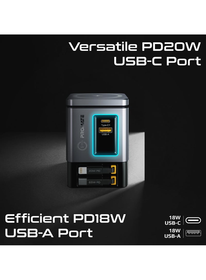 6-in-1 GaNFast Charging Station With 105W Total Output, 15W MagSafe Wireless Charger, PD65W Retractable Type-C Cable, PD20W Retractable Lightning Cable,  PD18W USB-A Port, PowerSync-105 EU grey